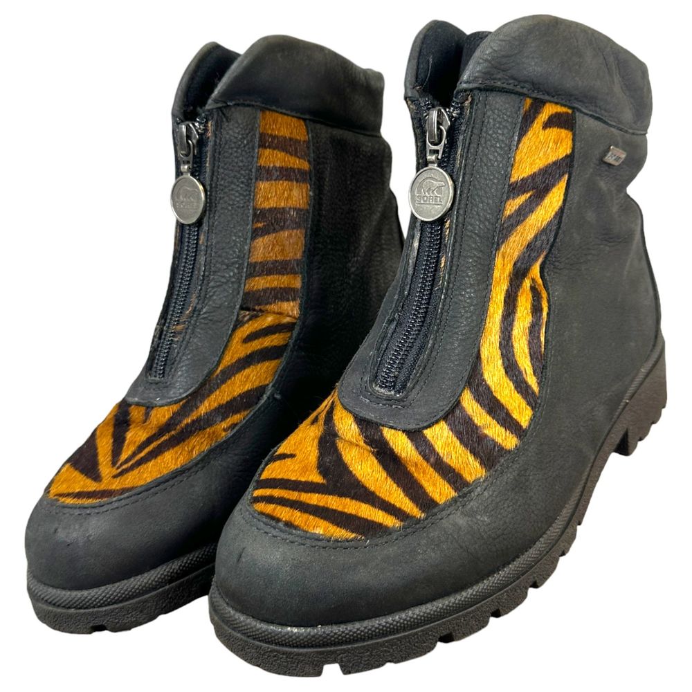 Sorel RARE Black Leather Tiger Animal Print Calf Hair Lined Booties 9 Wide